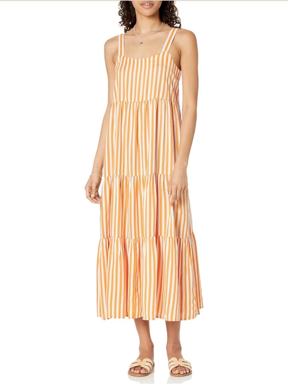 The Drop Peach and White Striped Midi Sundress